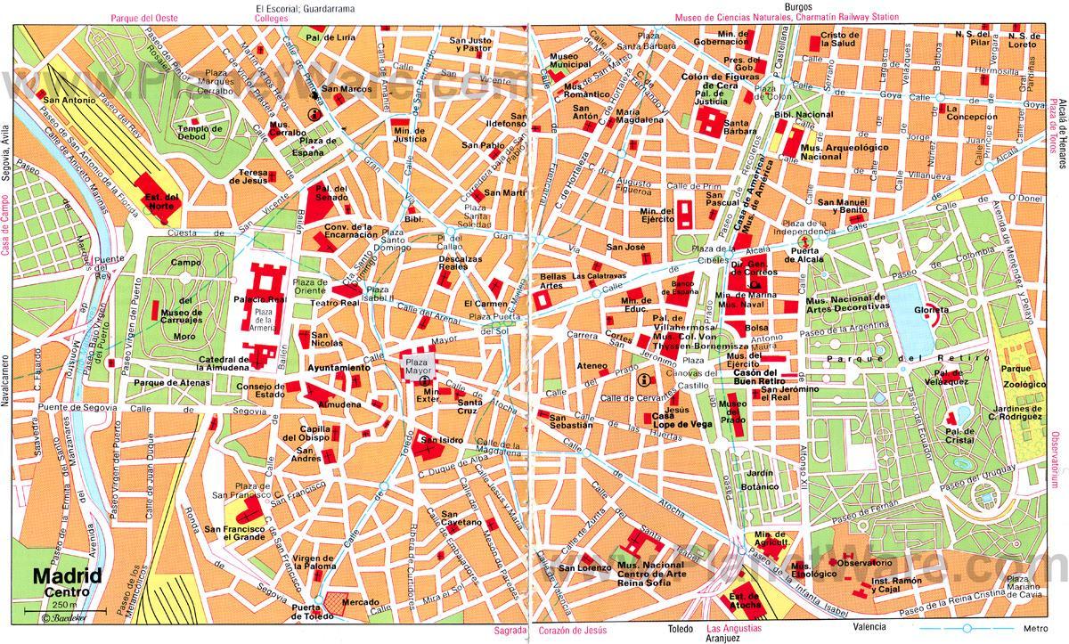 Madrides Spānijā pilsētas centra karte